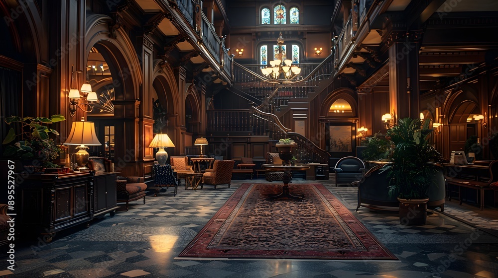 Obraz premium A luxurious, elegantly designed hotel lobby featuring rich wooden architecture, plush furnishings, and warm lighting that creates an inviting atmosphere.