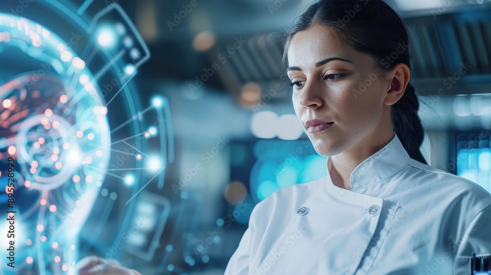 Female chef using AI to develop new recipes and cooking techniques, enhancing culinary skills with technology, Women, AI cooking Female chef using AI to develop new recipes and cooking techniques, enhancing culinary skills with technology, Women, AI cooking