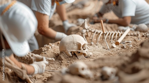 Archaeological dig site featuring fossilized bones, excavation tools, and detailed skeletal structures uncovered in the soil. photo