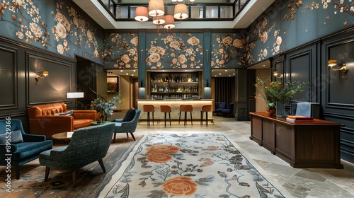 A luxurious hotel lobby featuring elegant floral wallpaper, stylish seating, and a sleek bar area, creating a welcoming ambiance for guests. 