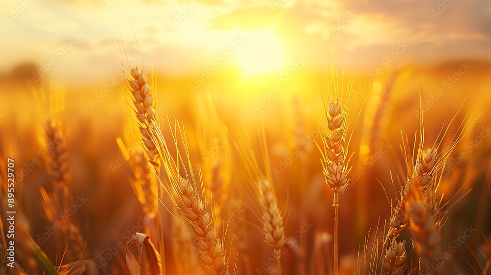 Banner with ears of golden wheat over sunset sky. Close up beauty nature field background with sun flare. Ripening ears of meadow wheat field. Rich harvest. Beautiful summer or autumn nature backdrop Banner with ears of golden wheat over sunset sky. Close up beauty nature field background with sun flare. Ripening ears of meadow wheat field. Rich harvest. Beautiful summer or autumn nature backdrop