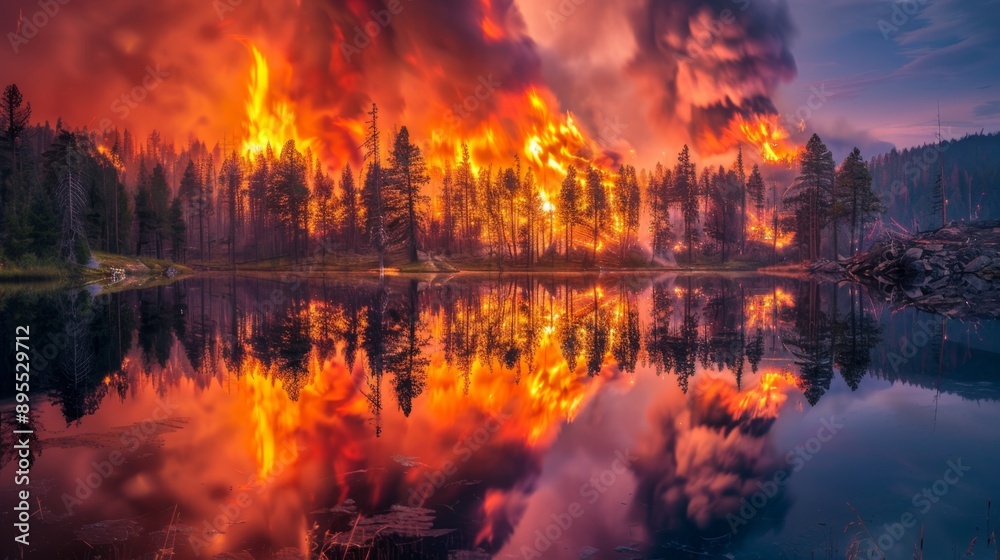 Obraz premium Forest Fire Reflection in a Lake.