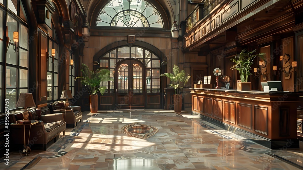 Obraz premium A luxurious hotel lobby featuring elegant wooden furnishings, marble flooring, and abundant natural light filtering through large windows, creating a warm and inviting atmosphere. 