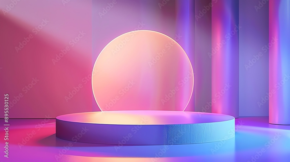 Colorful abstract background with a neon-lit circular platform and vibrant hues, perfect for modern design and creative presentations. Colorful abstract background with a neon-lit circular platform and vibrant hues, perfect for modern design and creative presentations.