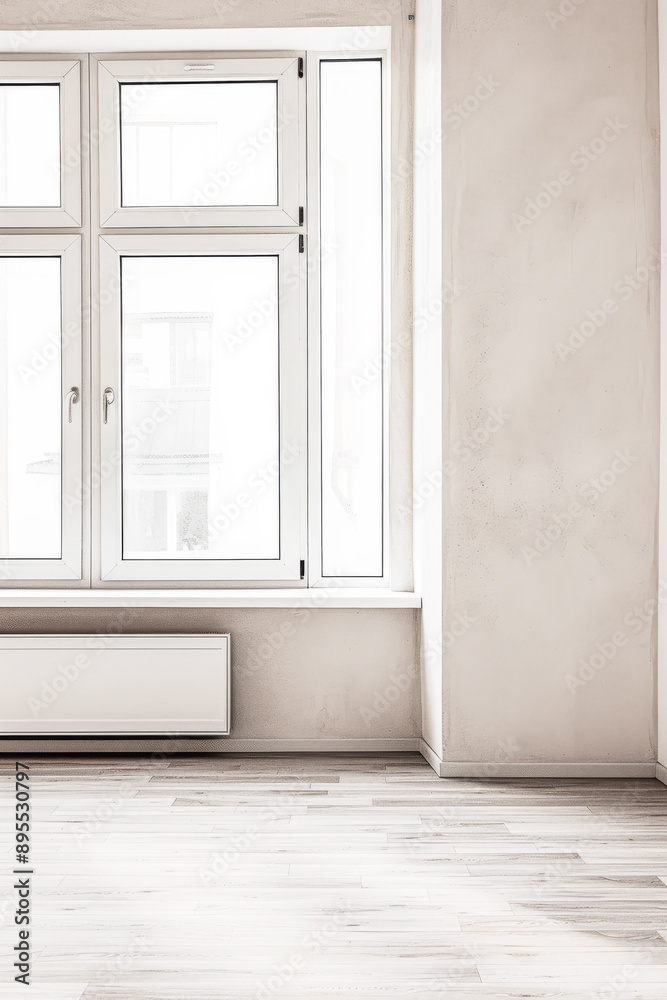 Large window in an empty room bathed with natural lighting in neutral colors. Luxury property interiors with copy space. Large window in an empty room bathed with natural lighting in neutral colors. Luxury property interiors with copy space.