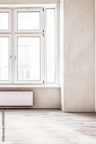 Large window in an empty room bathed with natural lighting in neutral colors. Luxury property interiors with copy space. © JuanM