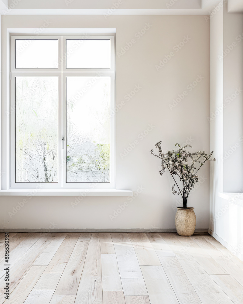 Fototapeta premium Large window in an empty room bathed with natural lighting in neutral colors. Luxury property interiors with copy space.
