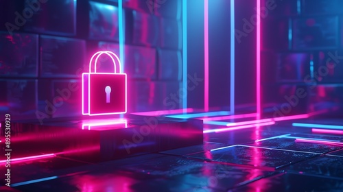 Futuristic neon lock in a digital environment representing cybersecurity and data protection with vibrant pink and blue lights.
