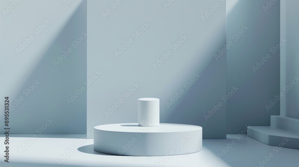 Minimalist abstract geometric composition with cylindrical shapes and shadows in a monochromatic blue space, evoking a serene architectural feel. Minimalist abstract geometric composition with cylindrical shapes and shadows in a monochromatic blue space, evoking a serene architectural feel.
