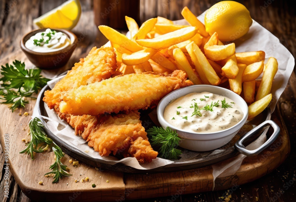 deliciously crispy fish chips served golden fries tartar sauce rustic wooden platter, seafood, dining, restaurant, food, cuisine, snack, crunchy, texture deliciously crispy fish chips served golden fries tartar sauce rustic wooden platter, seafood, dining, restaurant, food, cuisine, snack, crunchy, texture