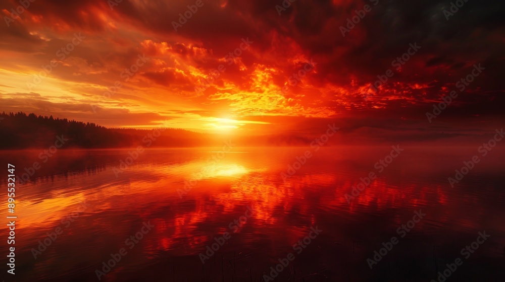 Fiery Sunset Reflected in Still Water. Fiery Sunset Reflected in Still Water.