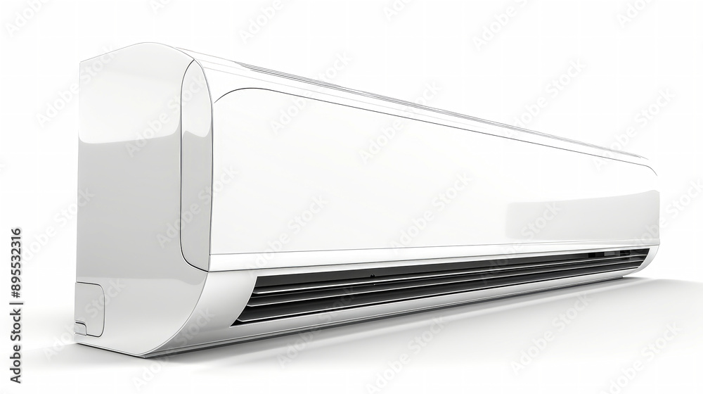 A modern air conditioner, sleek and white, rests on a white background, capturing the essence of cool respite A modern air conditioner, sleek and white, rests on a white background, capturing the essence of cool respite
