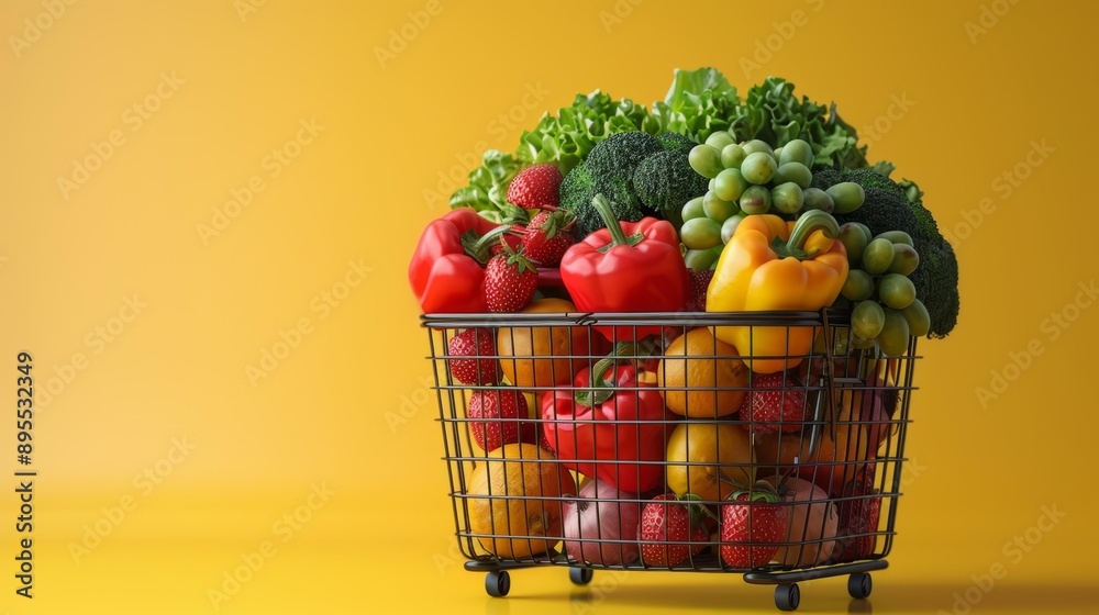 Vibrant shopping basket filled with fresh produce - generative ai Vibrant shopping basket filled with fresh produce - generative ai