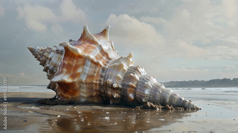 An enormous shell fragments on a sandy beach An enormous shell fragments on a sandy beach