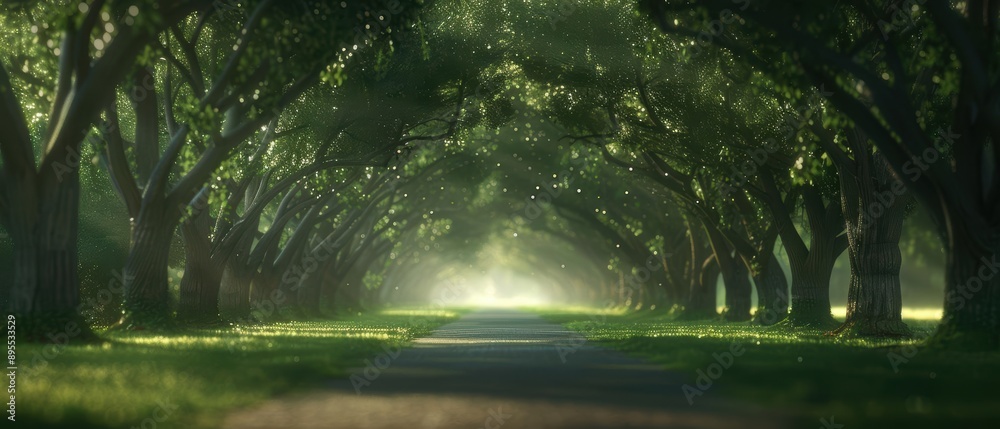 Sunlight streams through a canopy of trees lining a path. Sunlight streams through a canopy of trees lining a path.