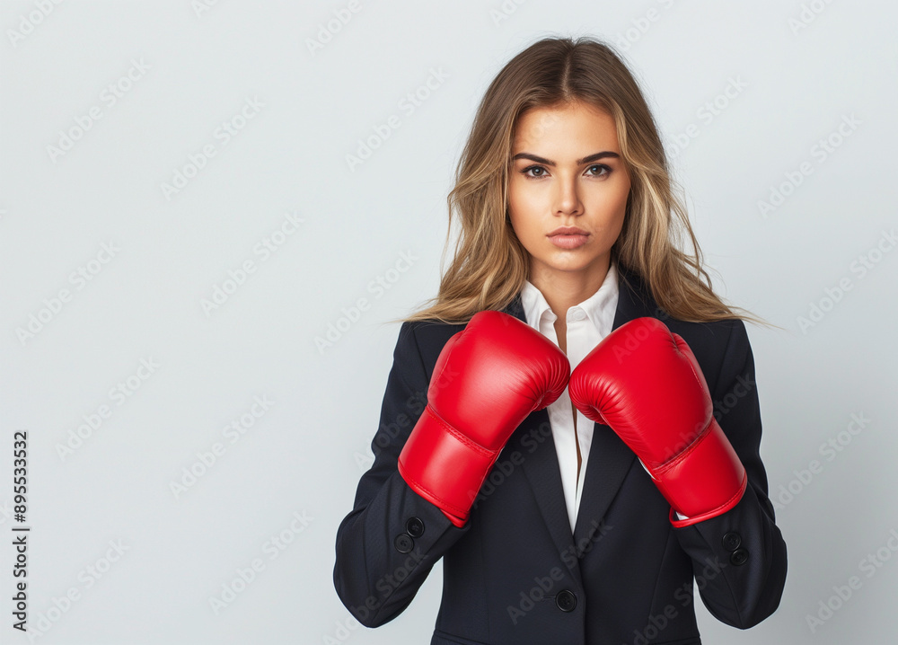 a young woman in a business suit with red boxing gloves, with a direct gaze and a determined fighting spirit, combining professionalism. light background. there is empty space for text on the right. a young woman in a business suit with red boxing gloves, with a direct gaze and a determined fighting spirit, combining professionalism. light background. there is empty space for text on the right.