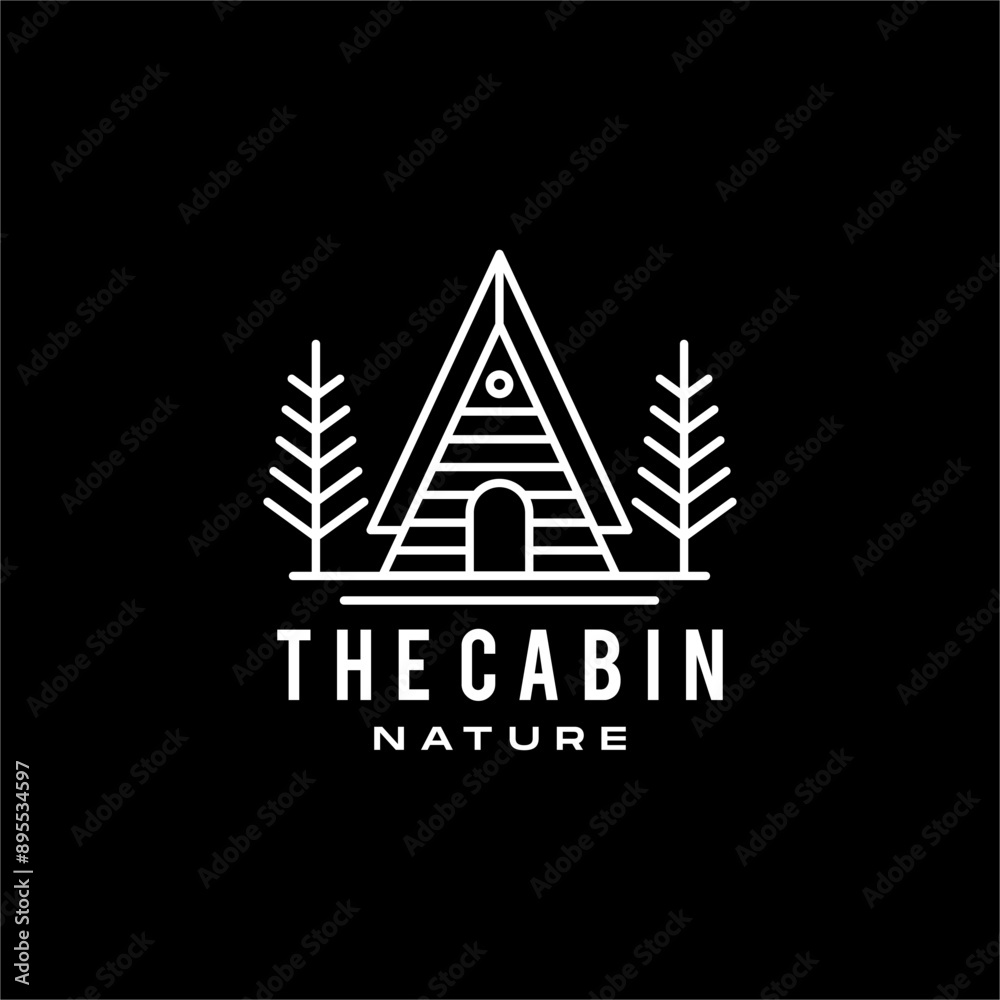 Obraz premium Natural hotel cabin with tree logo. Cottage Logo Forest Home Travel Cabin Camp Wood House. guest house vacation camping concept logo