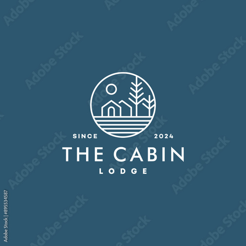 Natural hotel cabin with tree  logo. Cottage Logo  Forest Home Travel Cabin Camp Wood House. guest house vacation camping concept logo