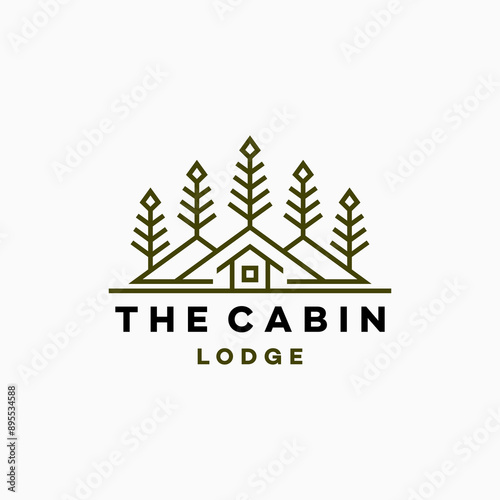 Natural hotel cabin with tree  logo. Cottage Logo  Forest Home Travel Cabin Camp Wood House. guest house vacation camping concept logo