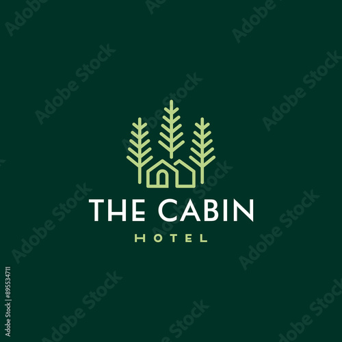 Natural hotel cabin with tree  logo. Cottage Logo  Forest Home Travel Cabin Camp Wood House. guest house vacation camping concept logo