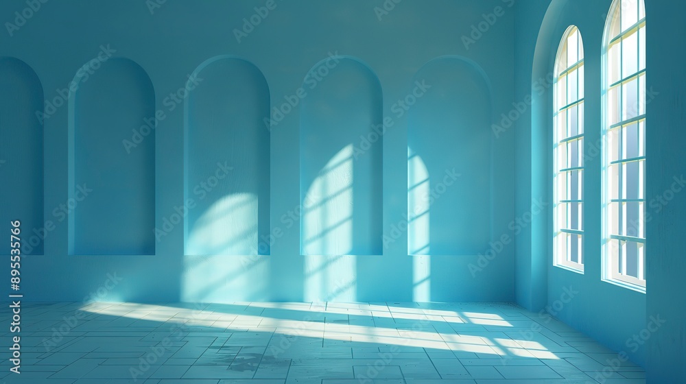 Fototapeta premium Sunlit empty blue room with geometric shadows cast by window