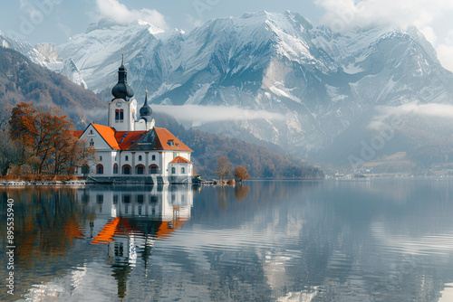 A serene church on a lake with a reflection of mountains in the water, providing a tranquil and picturesque scene.