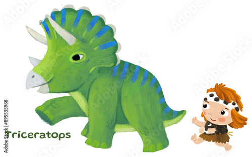 caveman human cartoon happy and funny colorful prehistoric dinosaur dino triceratops isolated illustration with child pointing on animal