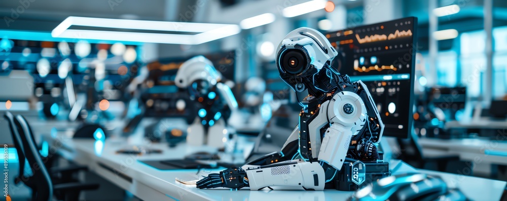 Fototapeta premium Gadgets in a futuristic office setting, work innovation, tech progress