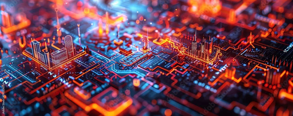 Fototapeta premium Interactive holographic map of a city, futuristic urban planning, tech innovation