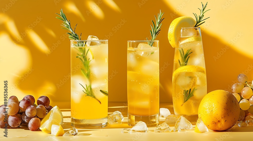 Beverages on a yellow theme with grapes rosemary and chilled water
