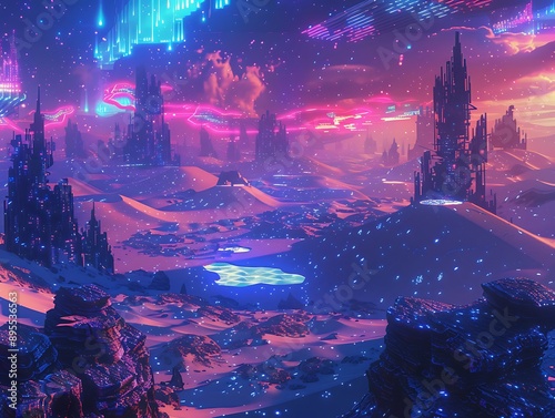 A cyberpunk landscape with vast neon deserts, towering metal dunes, and glowing oases under a sky lit by pulsating digital stars and electric auroras. © Shahryar