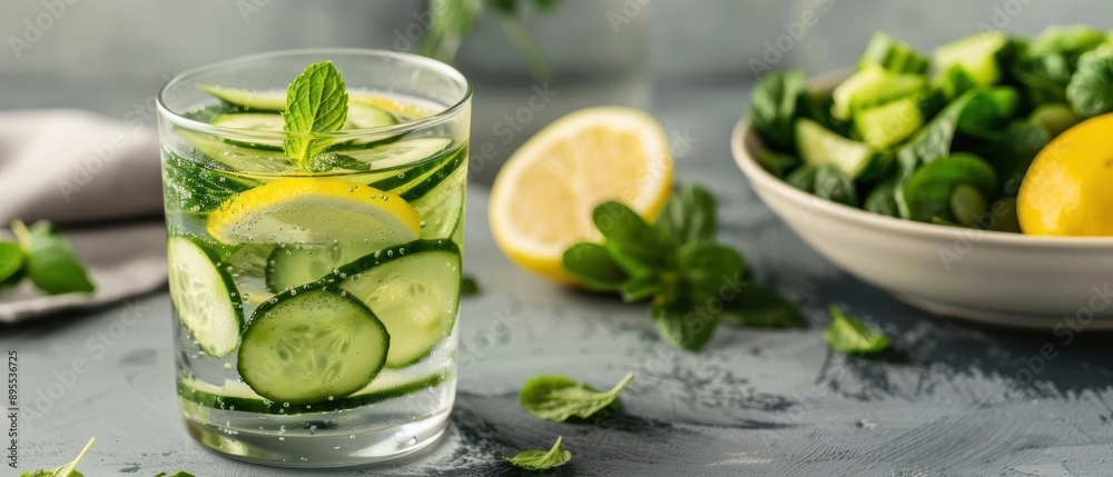 Refreshing cucumber and lemon infused water in a glass. Refreshing cucumber and lemon infused water in a glass.
