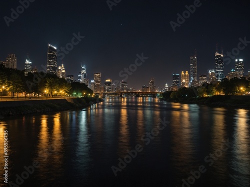 A riverside at night with the river quietly flowing, and a brightly lit city skyline in the distance.