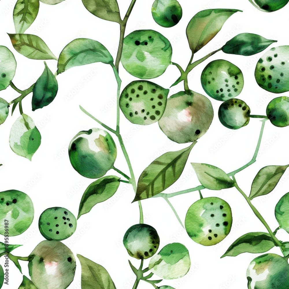 Watercolor green fall berries seamless repeating pattern, minimal pattern, high contrasty 