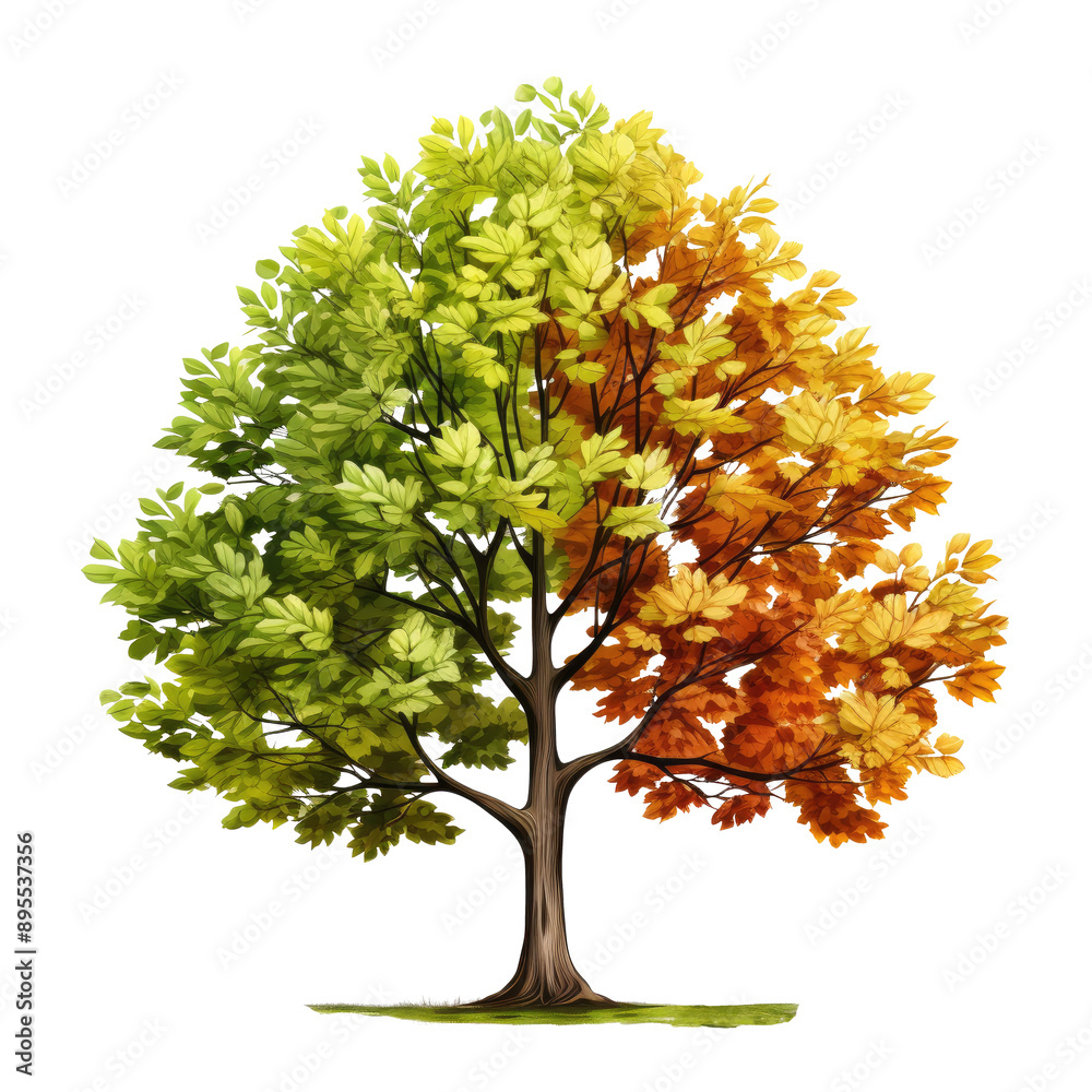 An illustration of a tree with both green and yellow leaves