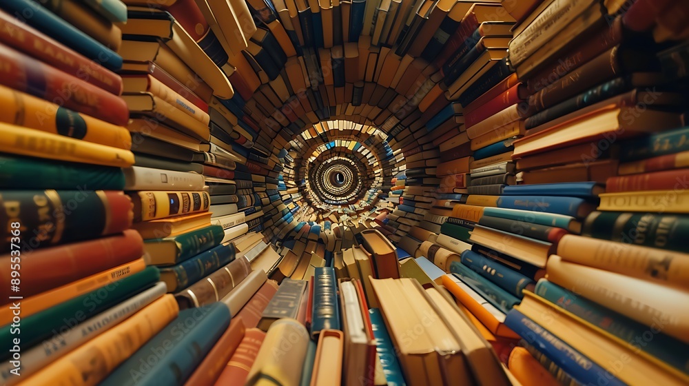 Books in the library with circle shape looking between the books