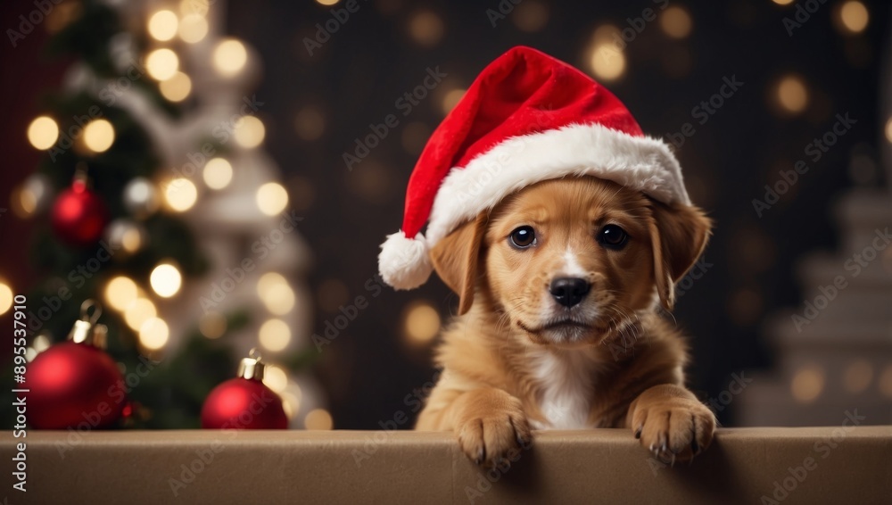 Cute puppy in red christmas hat peeking from behind blank banner for a playful holiday touch. Cute puppy in red christmas hat peeking from behind blank banner for a playful holiday touch.