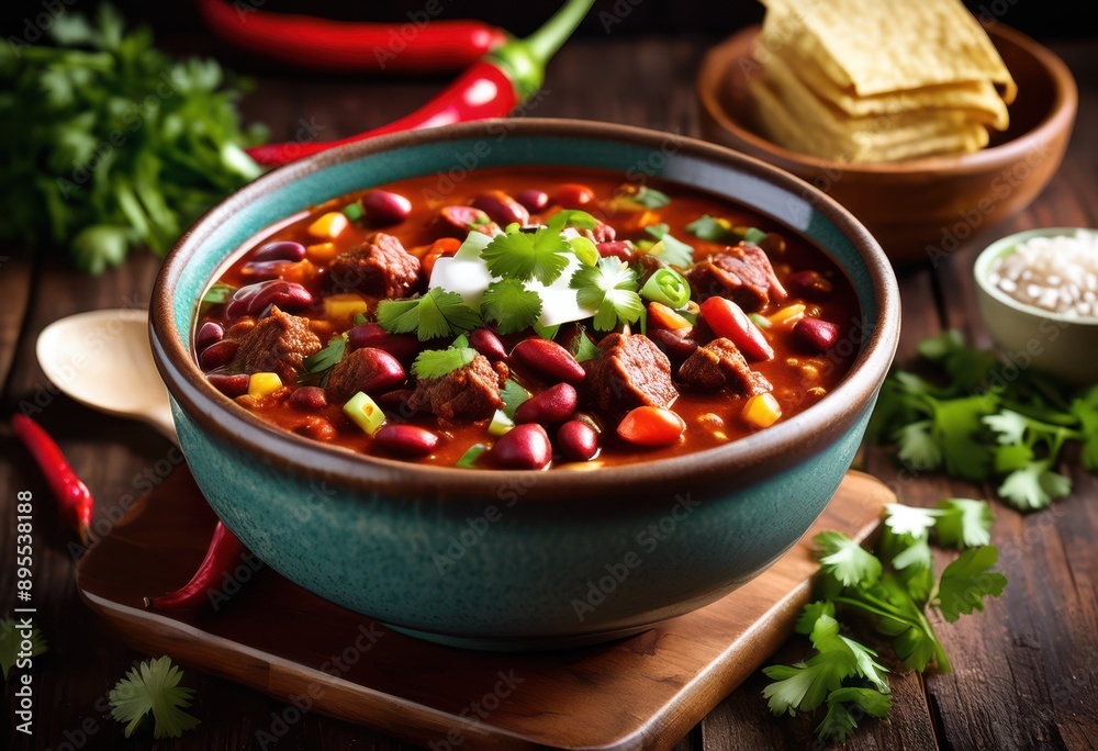rich flavorful beef chili beans topped fresh herbs served warm bowl comforting meal, spices, tasty, hot, simmer, ingredients, cooking, vegetables, peppers rich flavorful beef chili beans topped fresh herbs served warm bowl comforting meal, spices, tasty, hot, simmer, ingredients, cooking, vegetables, peppers
