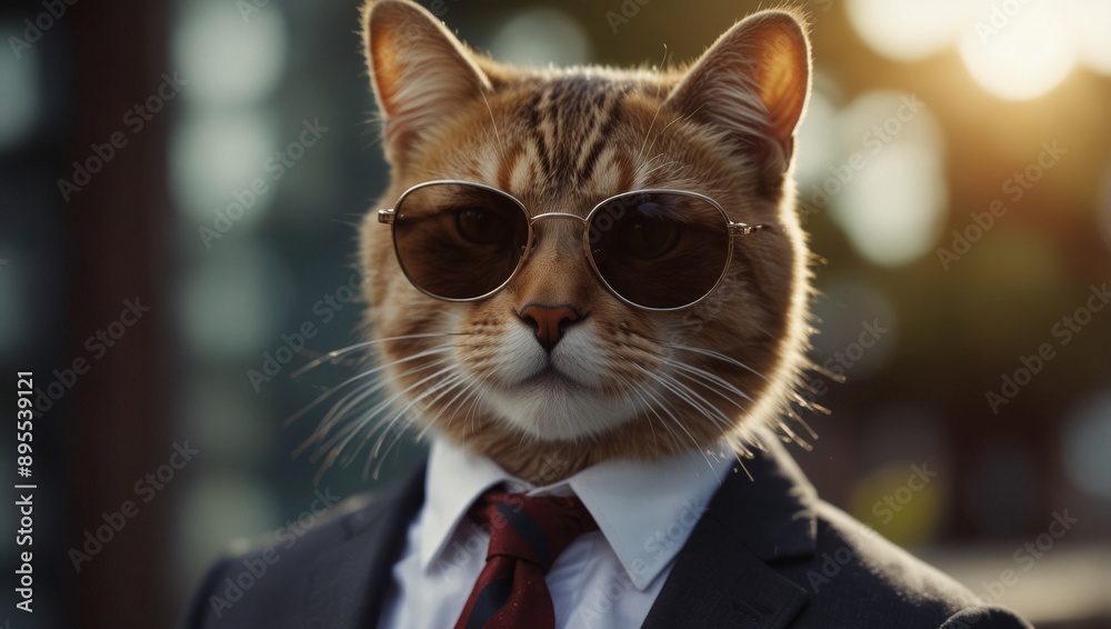 Cool cat in sunglasses and suit with tie on blurred background, perfect for adding text. Cool cat in sunglasses and suit with tie on blurred background, perfect for adding text.