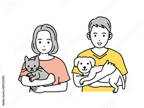 犬や猫を抱っこする男女のイラスト