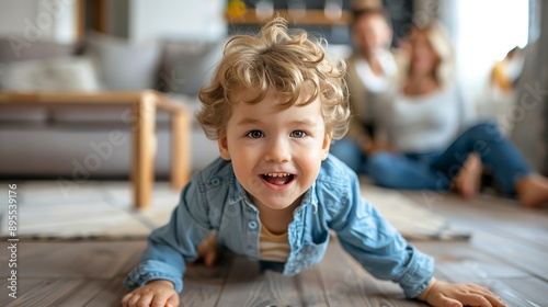 Happy little child crawling at home on the floor in a modern apartment against the background of his parents