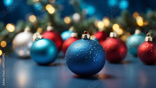 Christmas ornaments on blue background, holiday decoration elements with free space for new year. photo