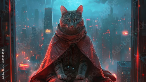 A futuristic cat in a cyberpunk city - generative ai photo