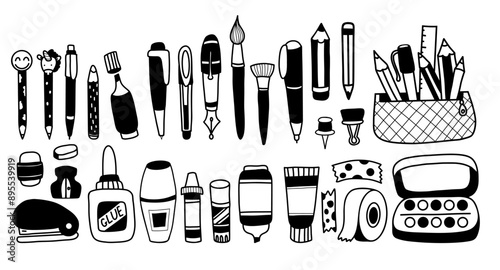 Stationery goods, school accessories, hobby, educational items doodles. Collection pencil case with pens, brushes and paints, glue, eraser, sharpener, marker and stapler. Vector isolated hand drawing