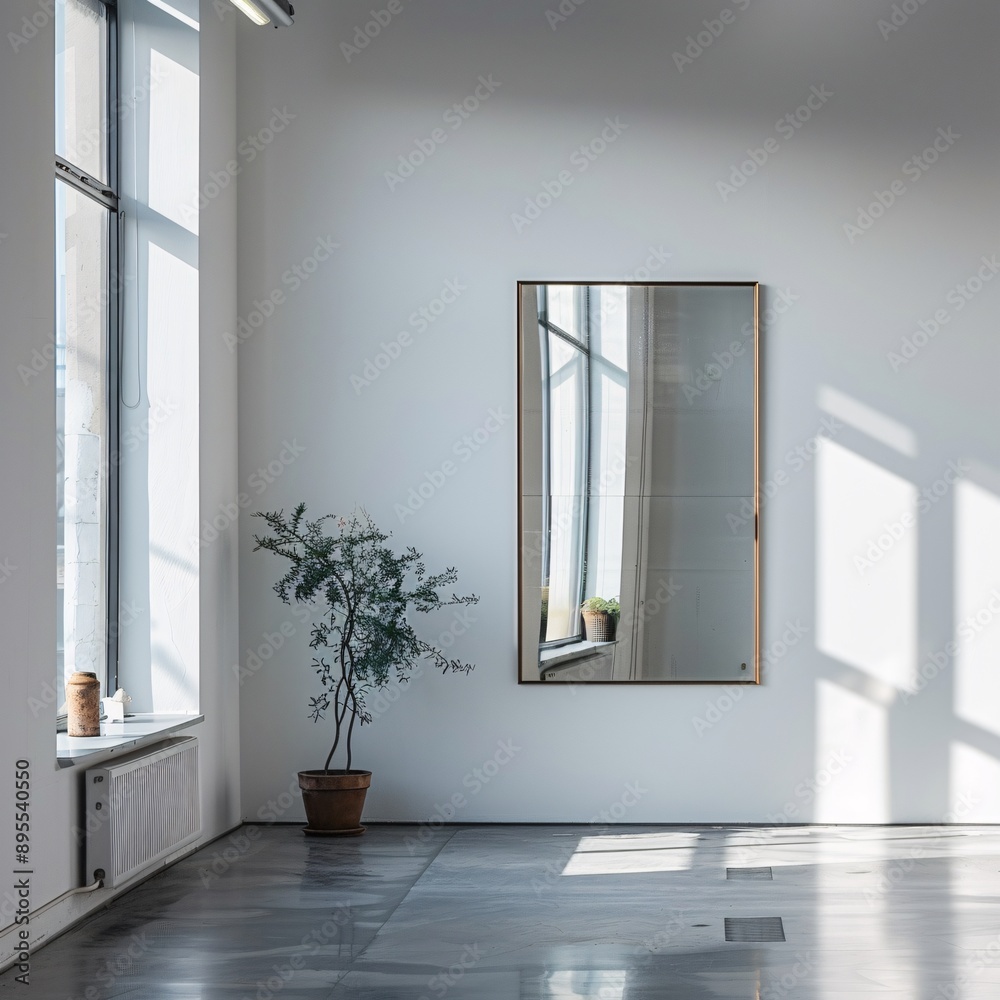 Minimalist Interior Design with Large Mirror and Sunlight Streaming Through Window - Modern Home Decor Concept Minimalist Interior Design with Large Mirror and Sunlight Streaming Through Window - Modern Home Decor Concept
