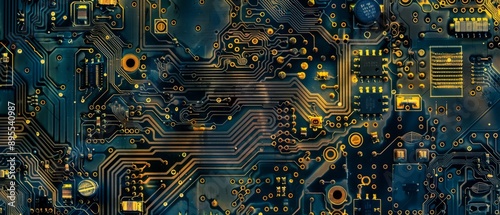  Panoramic close-up, high detail scan of PCB vias texture, Generative AI 