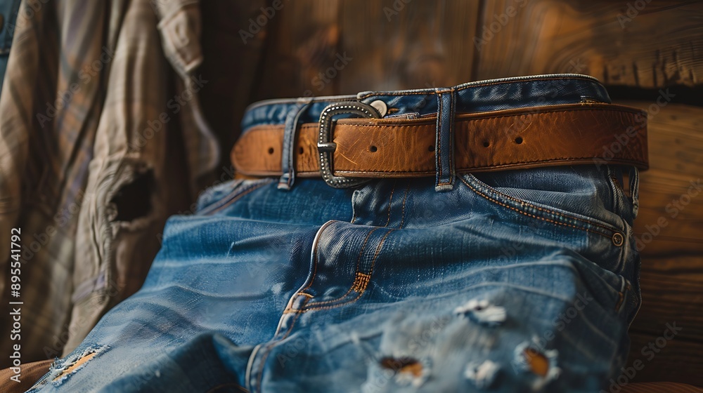 Detailed view of antiques denim jeans with a suede belt set on a rustic backdrop
