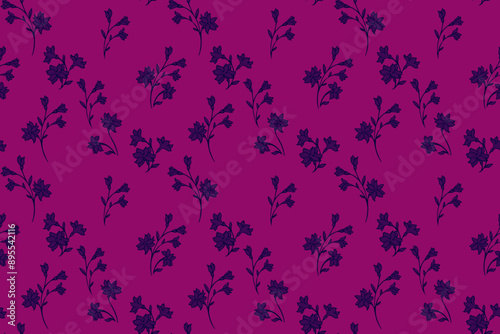 Vector hand drawing elegant tiny florals stem seamless pattern. Abstract artistic branches with small flowers print on a burgundy  background. Simple nature ornament for design, fashion, fabric