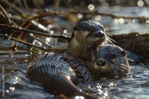 A pair of sleek European otters playing on a riverbank, their fur glistening in the sunlight. 