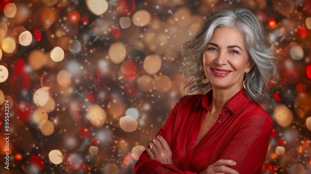 Mature stylish woman close up portrait red festive well fitted shirt and elegant earrings. Healthy face skin care, skincare fitness, dental. Defocused Christmas party holiday background, copy space Mature stylish woman close up portrait red festive well fitted shirt and elegant earrings. Healthy face skin care, skincare fitness, dental. Defocused Christmas party holiday background, copy space